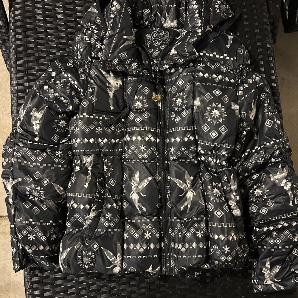 Tinkerbell Black Patterned Puffer Jacket Small - image 1